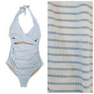 Old Navy Seersucker Blue/White Striped Crossover Cutout One Piece Swimsuit M